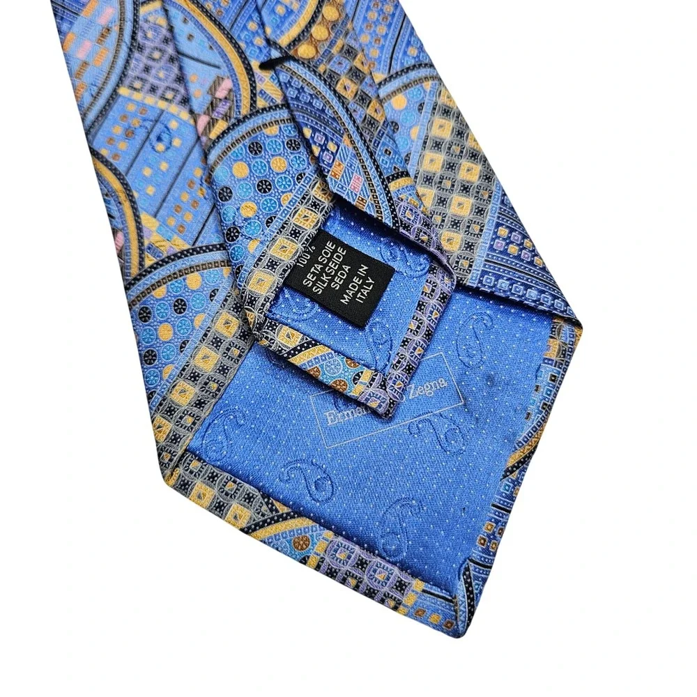 Ermenegildo‎ Zegna Quindici Tie Mens OS Blue Geometric Mosaic Silk Made in Italy